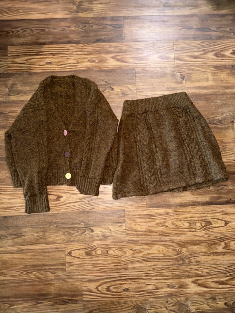Brown Textured Knit Cardigan Set